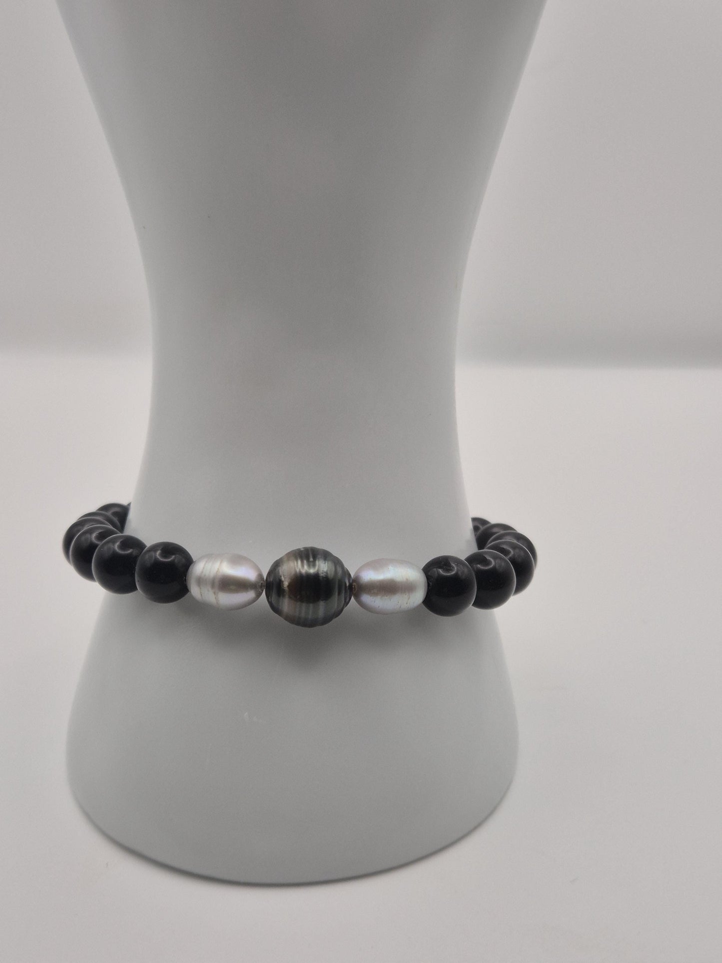 Obsidian and Black Tahitian Bracelet with Silver Pearls
