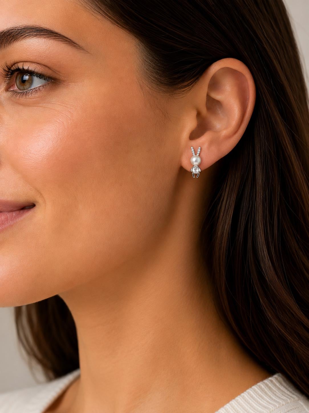 Bunny Shaped Pearl Stud Earrings - Sterling Silver