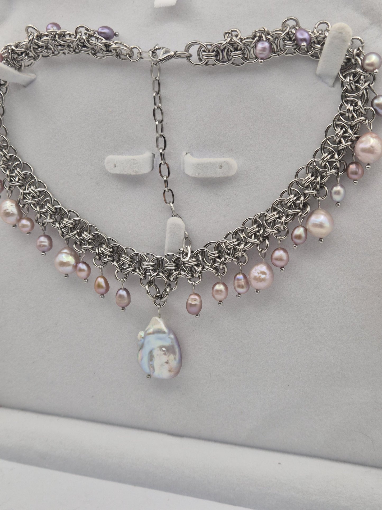 Baroque Moonfall Chainmaille Pearl Choker — Purple Freshwater Pearls