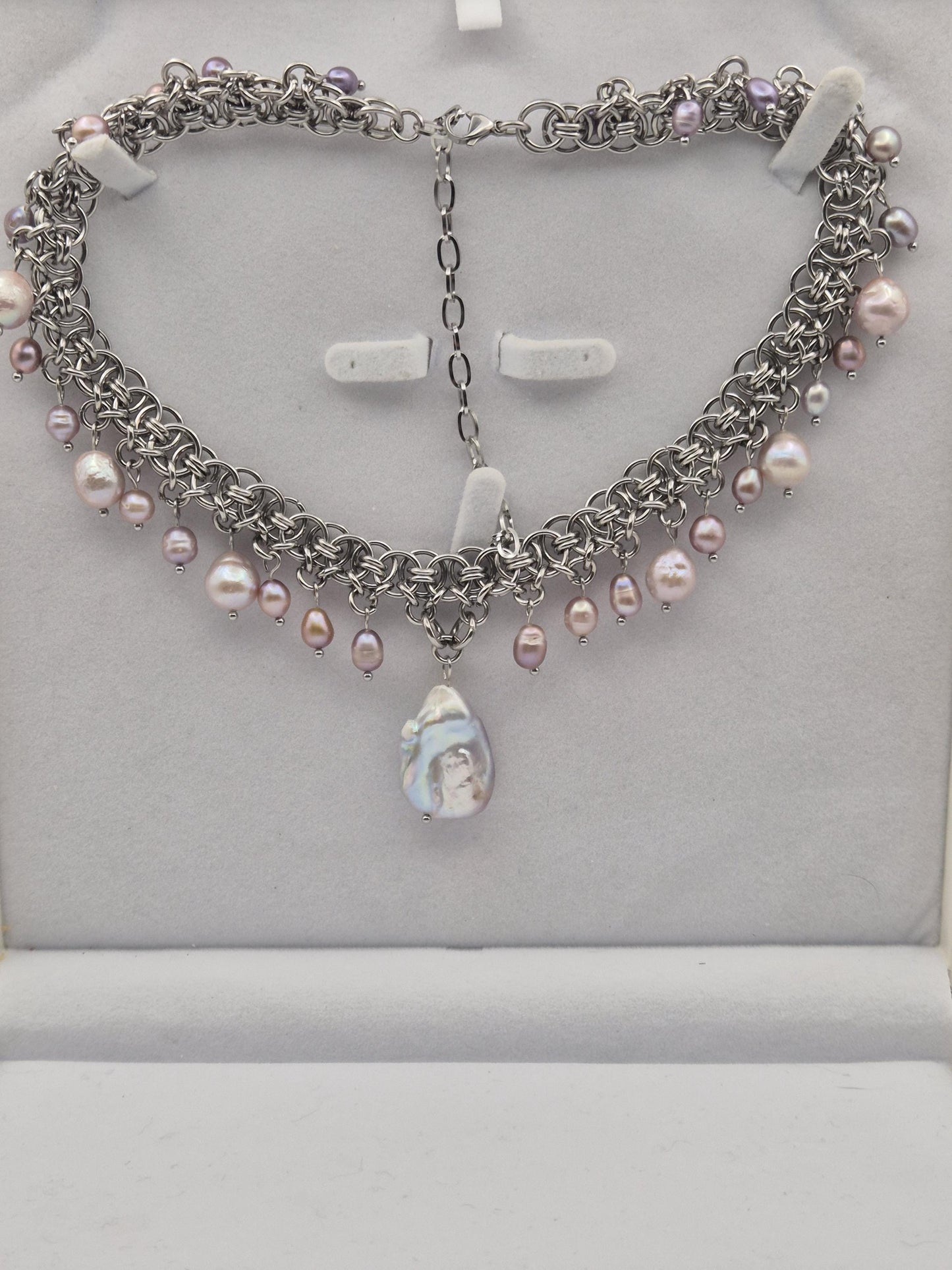 Baroque Moonfall Chainmaille Pearl Choker — Purple Freshwater Pearls