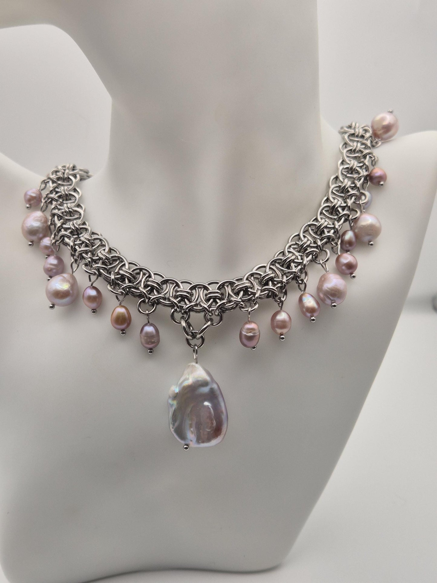 Baroque Moonfall Chainmaille Pearl Choker — Purple Freshwater Pearls