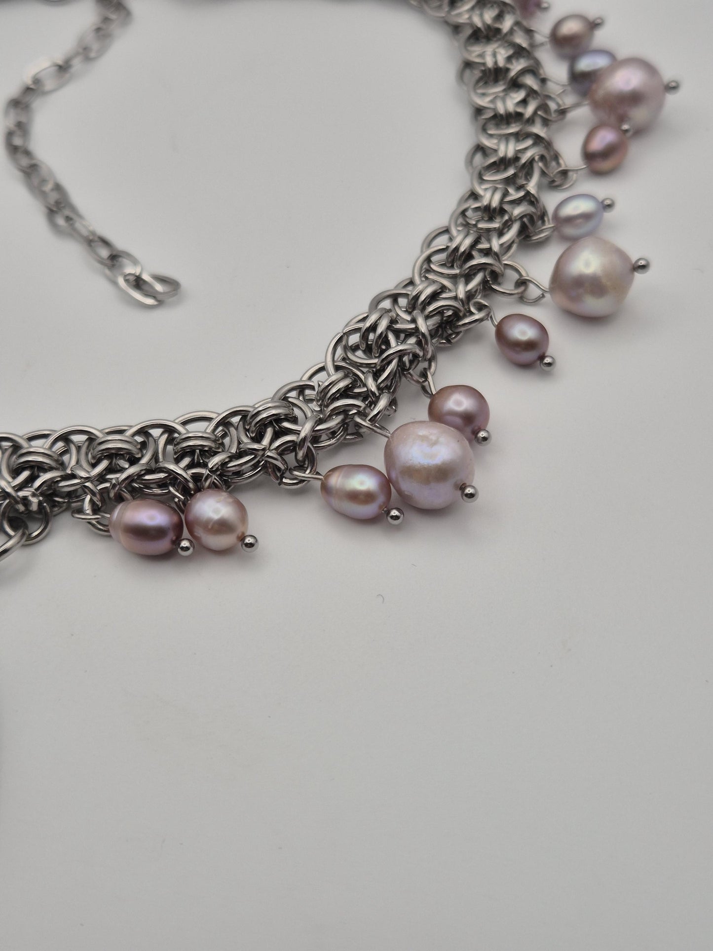 Baroque Moonfall Chainmaille Pearl Choker — Purple Freshwater Pearls