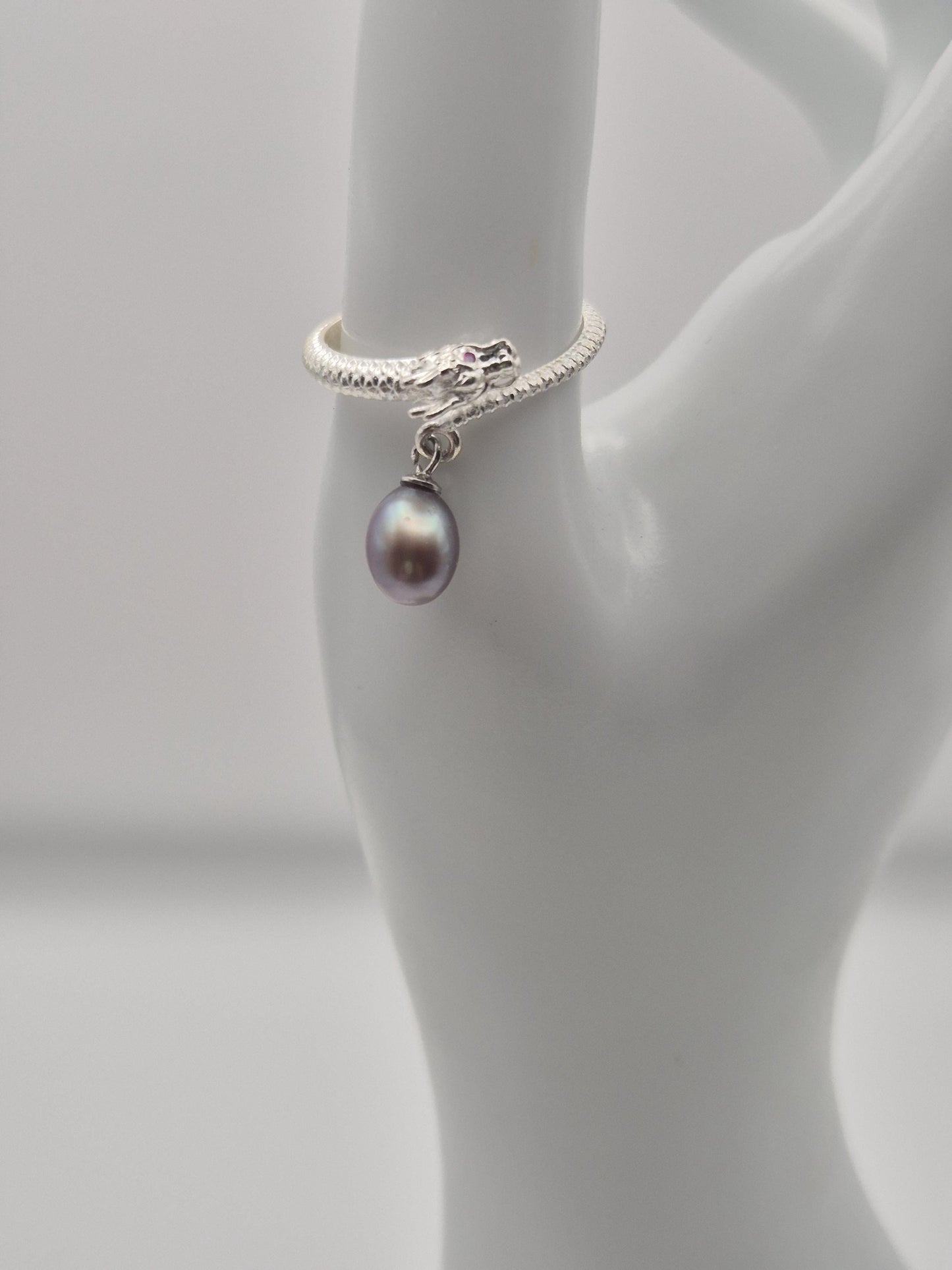 Spiral Dragon Pearl Ring — Adjustable Sterling Silver Genuine Pearl