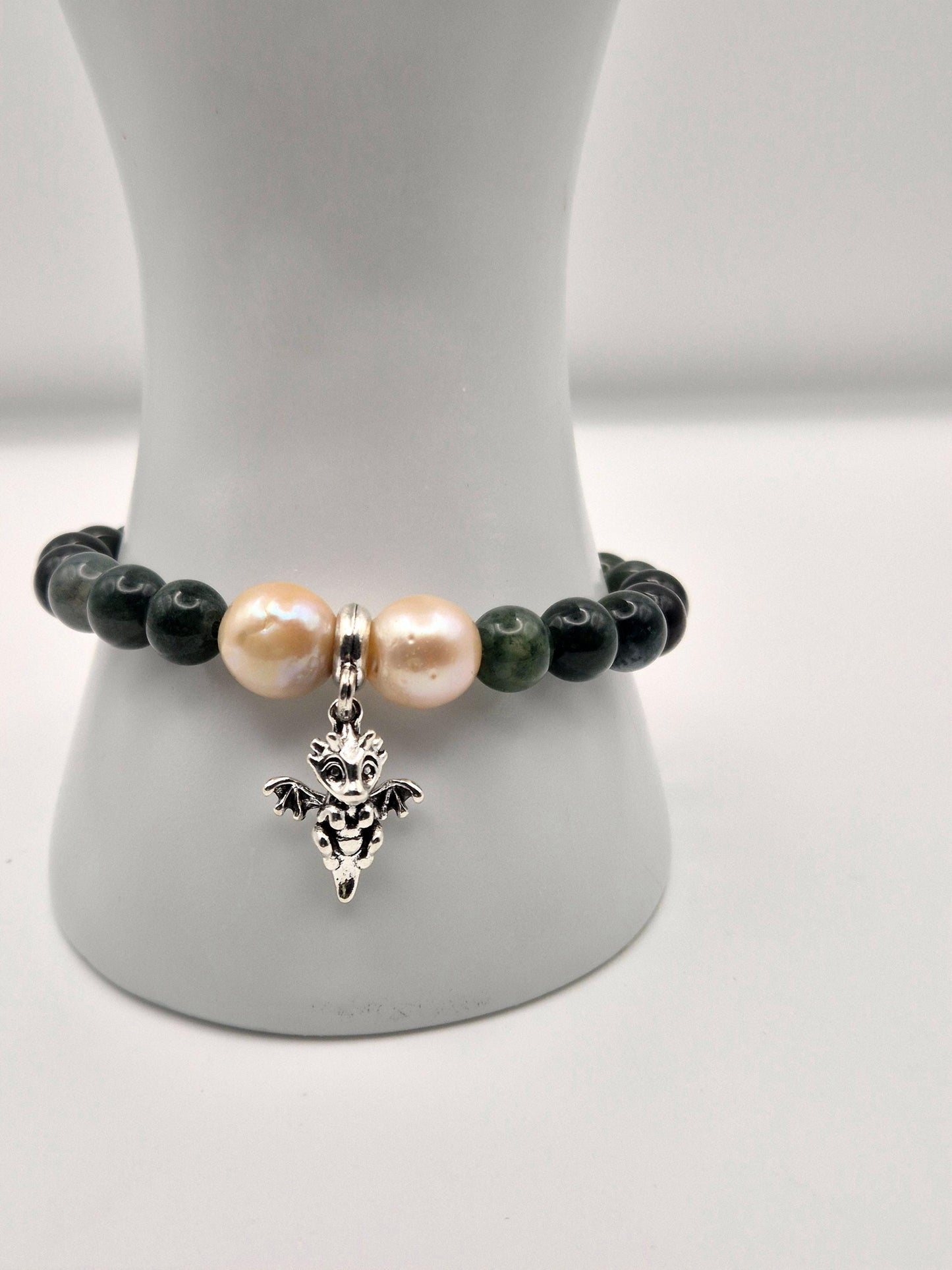 Moss Agate & Double Edison Dragon Charm Bracelet — Genuine Gemstone & Pearl