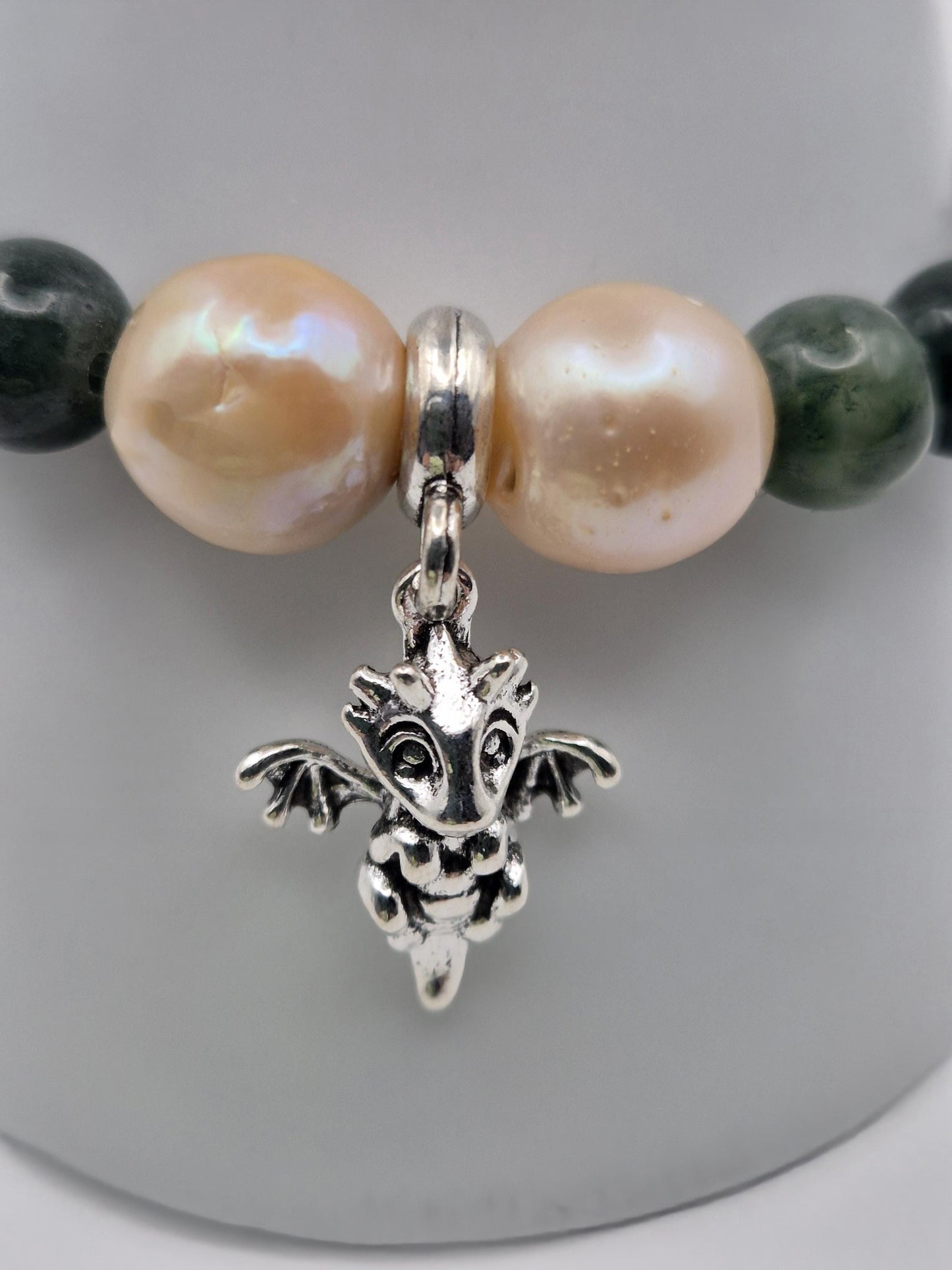 Moss Agate & Double Edison Dragon Charm Bracelet — Genuine Gemstone & Pearl