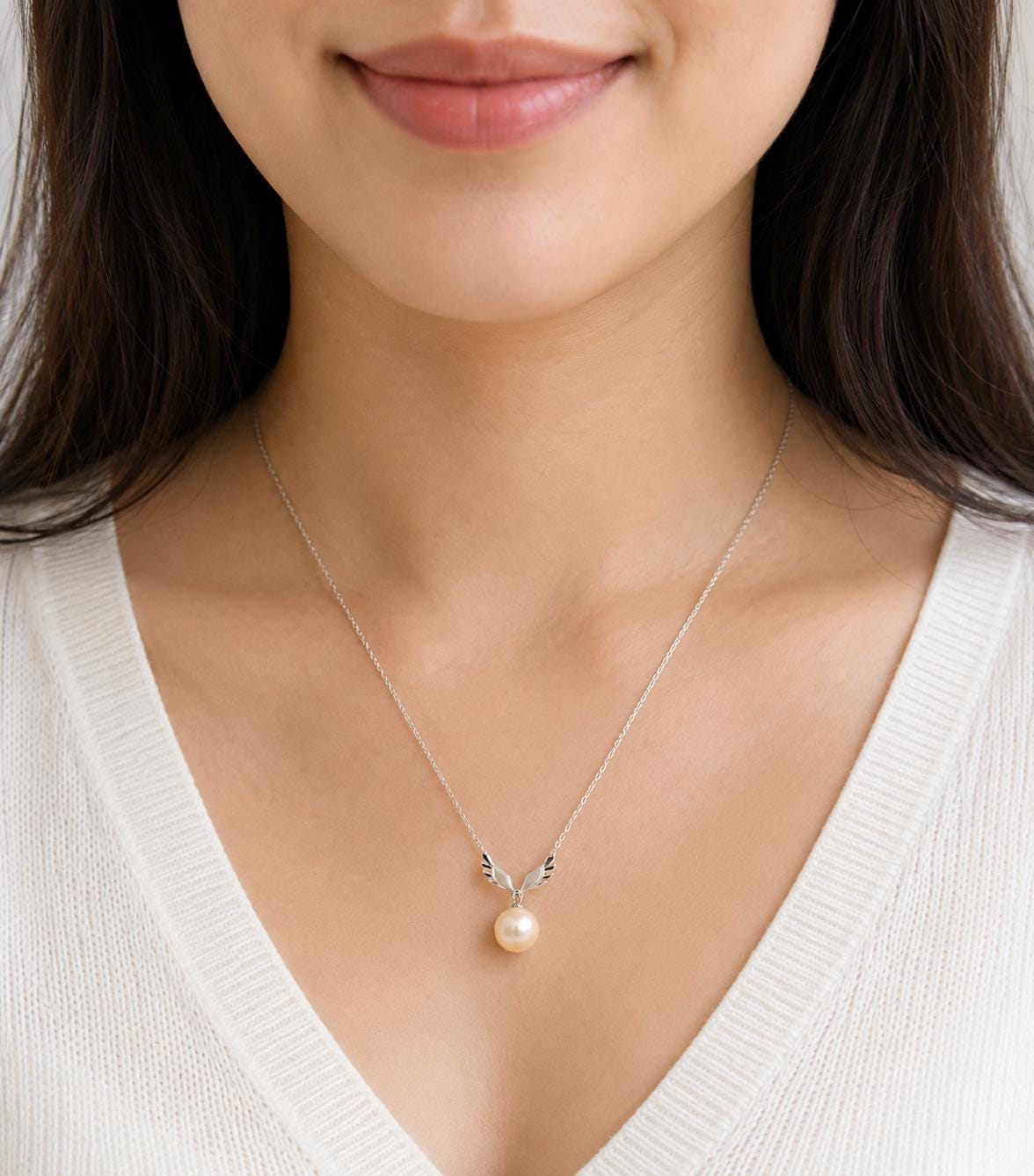 Celestial Angel Wing Sterling Silver Pearl Necklace