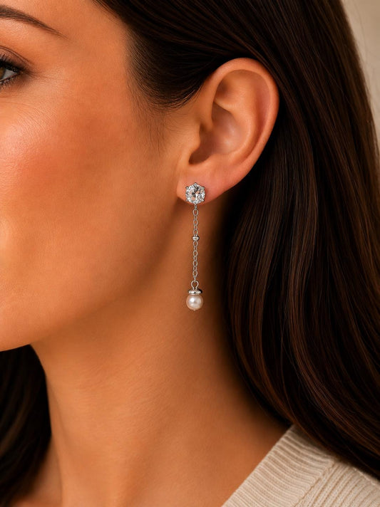 Diamond Flower Pearl Drop Ear Studs