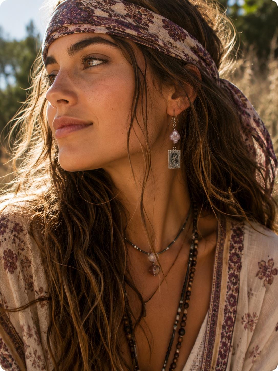 The World Tarot Card Earrings with Clover Pearls