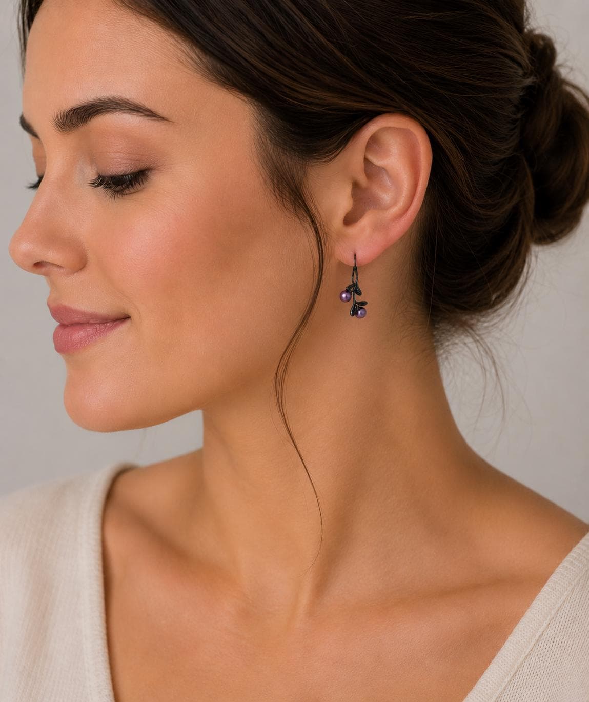 Double Pearl Flower Stem Design Black Earrings - Sterling Silver