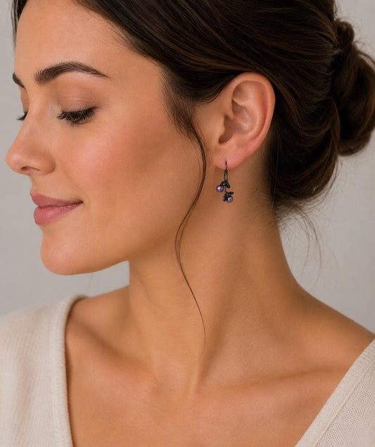 Double Pearl Flower Stem Design Black Earrings - Sterling Silver