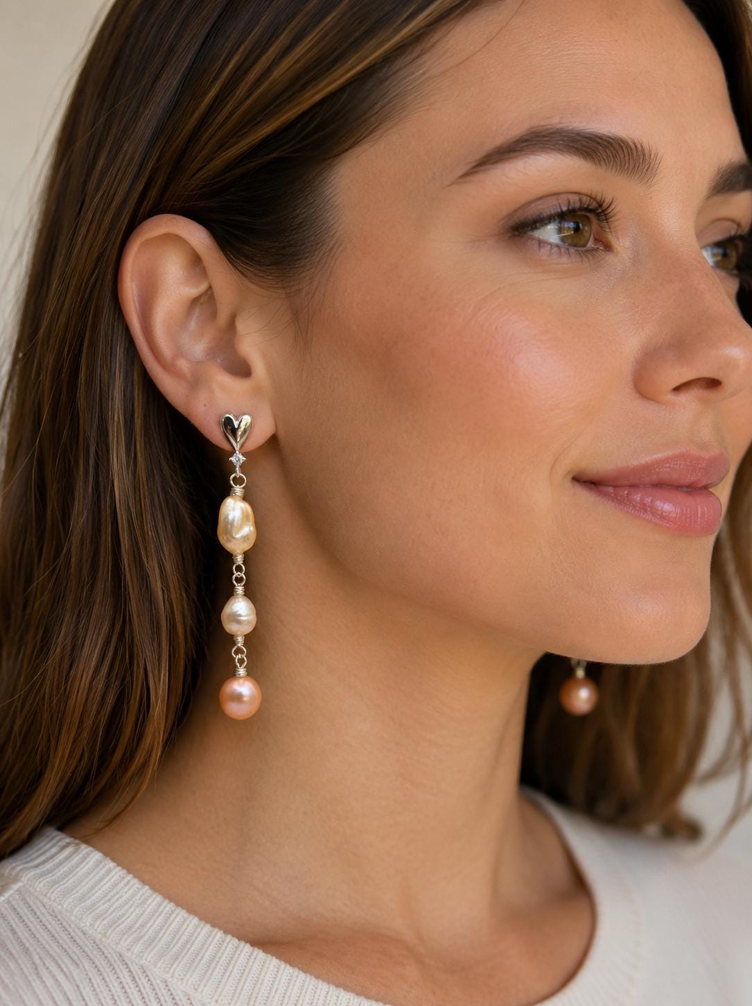 Multiple Pearl Heart Drop Stud Earrings