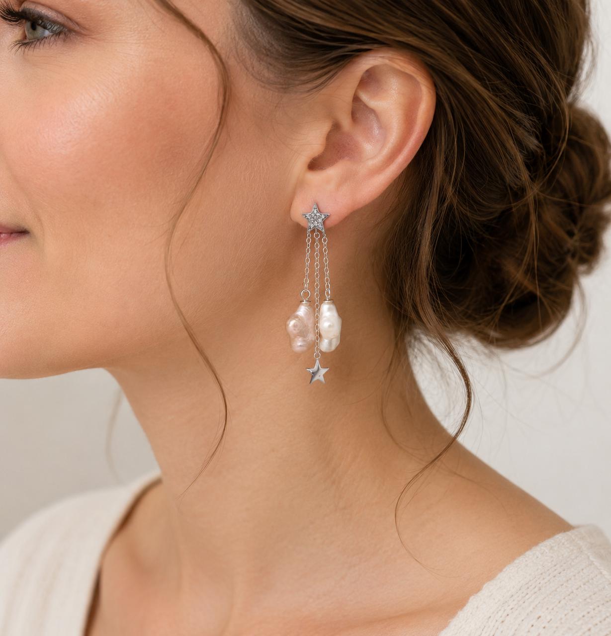 Double Star Pearl Sterling Silver Earrings