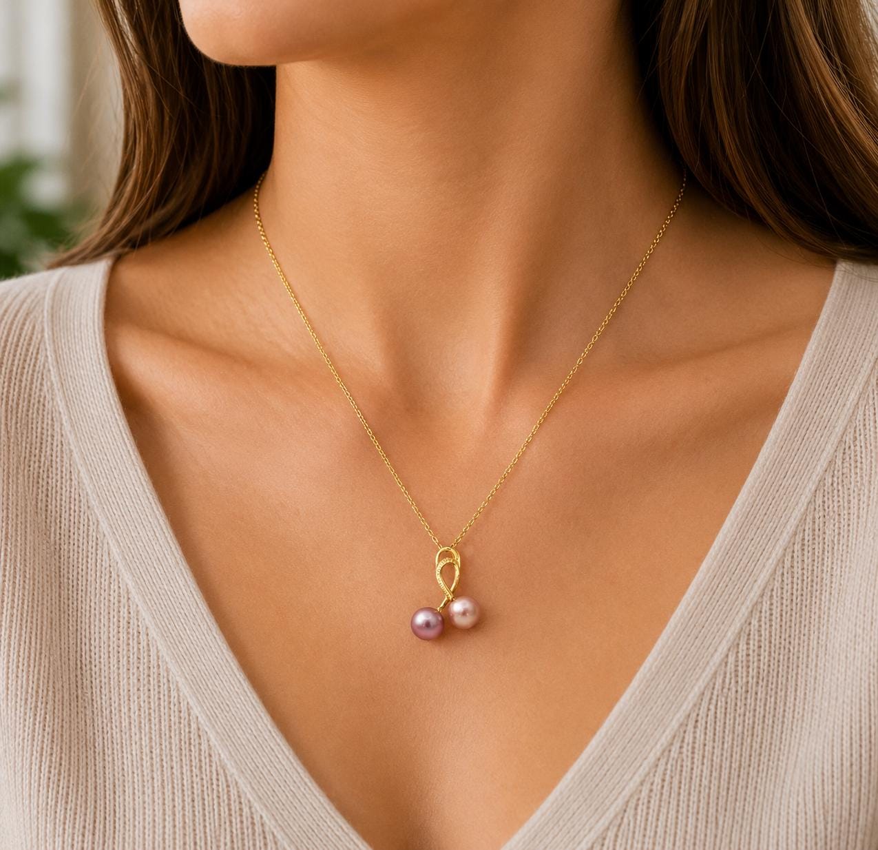 Double Edison Pearl Golden Ribbon Pendant