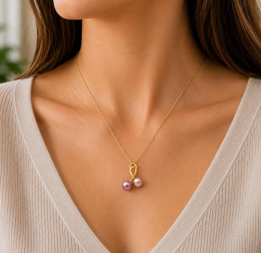 Double Edison Pearl Golden Ribbon Pendant