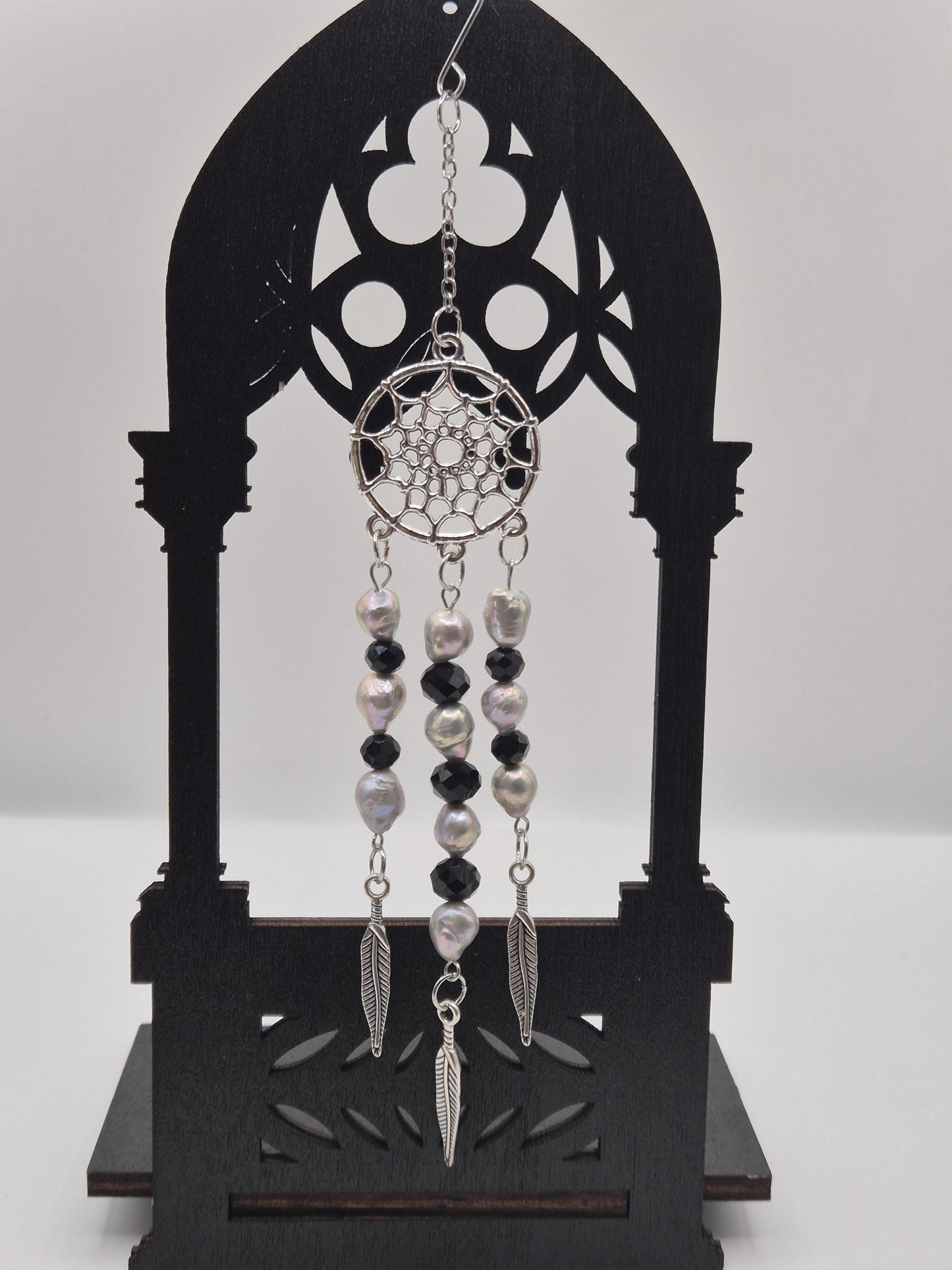 Silver Feather Moon Crystal & Pearl Suncatcher
