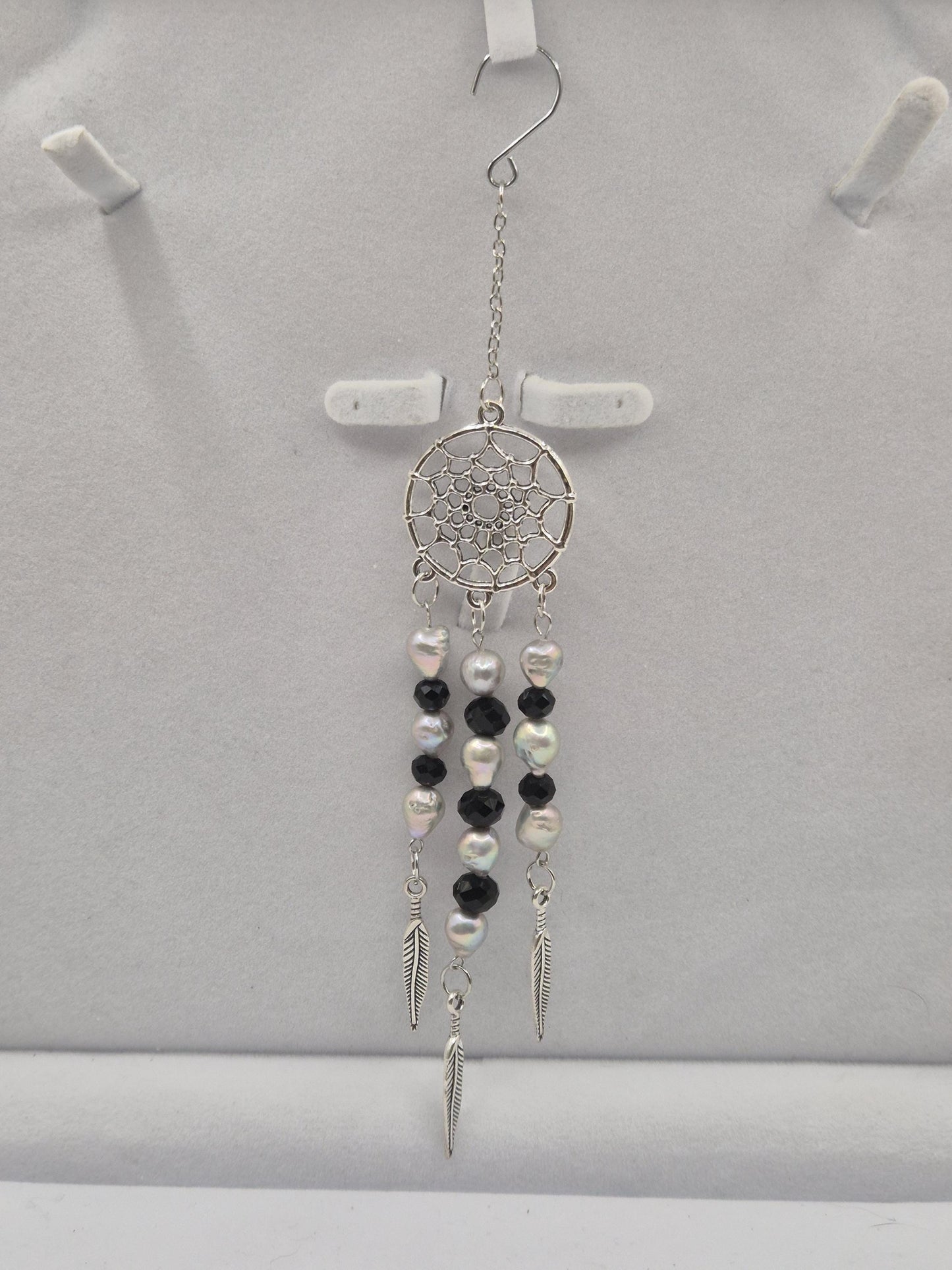 Silver Feather Moon Crystal & Pearl Suncatcher