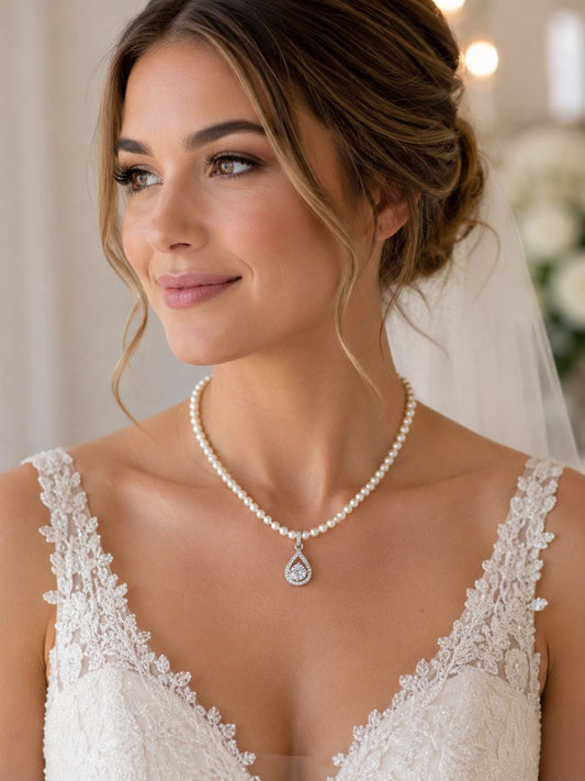 Classic Bridal Pearl Necklace — Genuine Mini Pearls & CZ Pendant