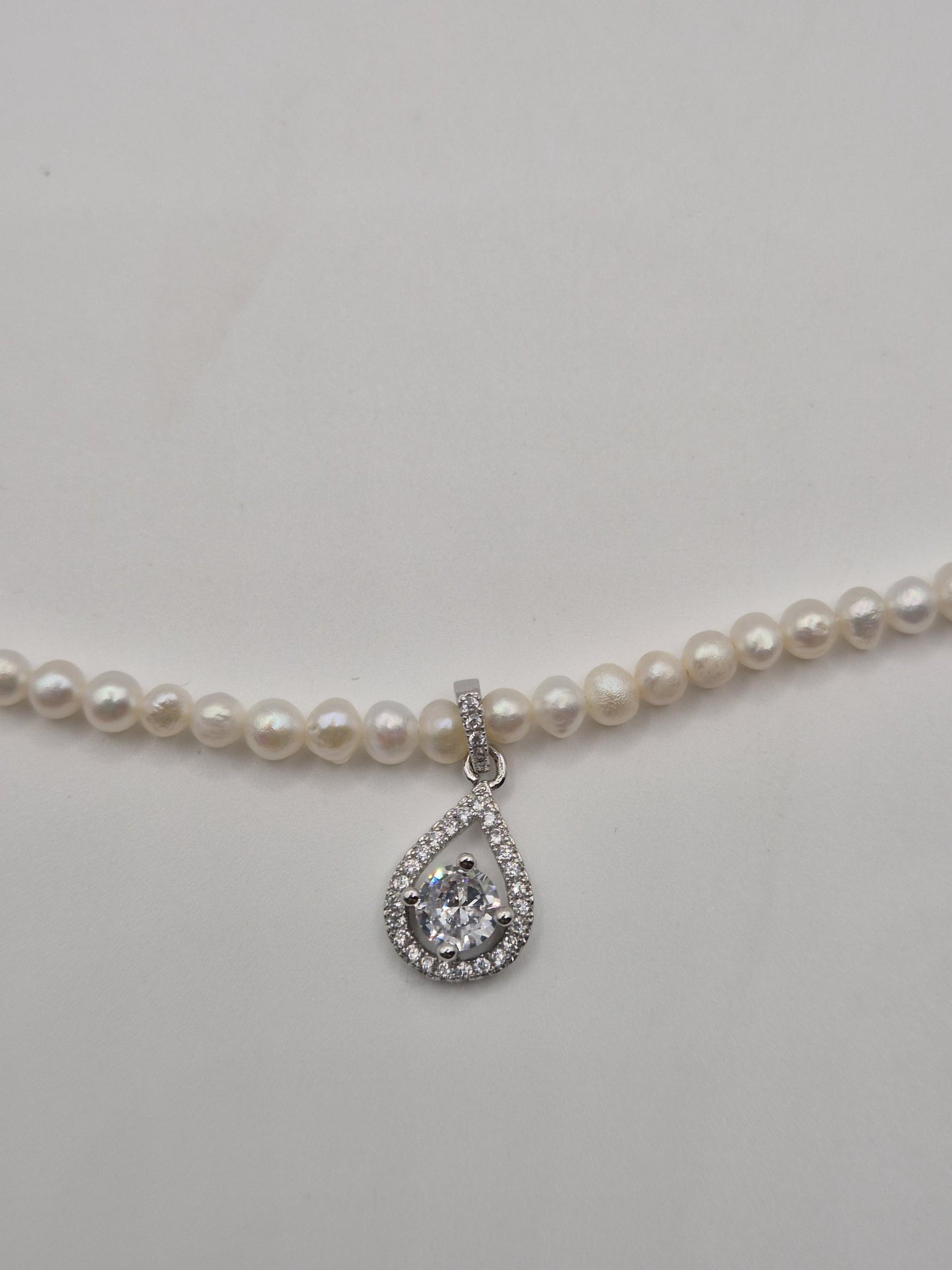 Classic Bridal Pearl Necklace — Genuine Mini Pearls & CZ Pendant