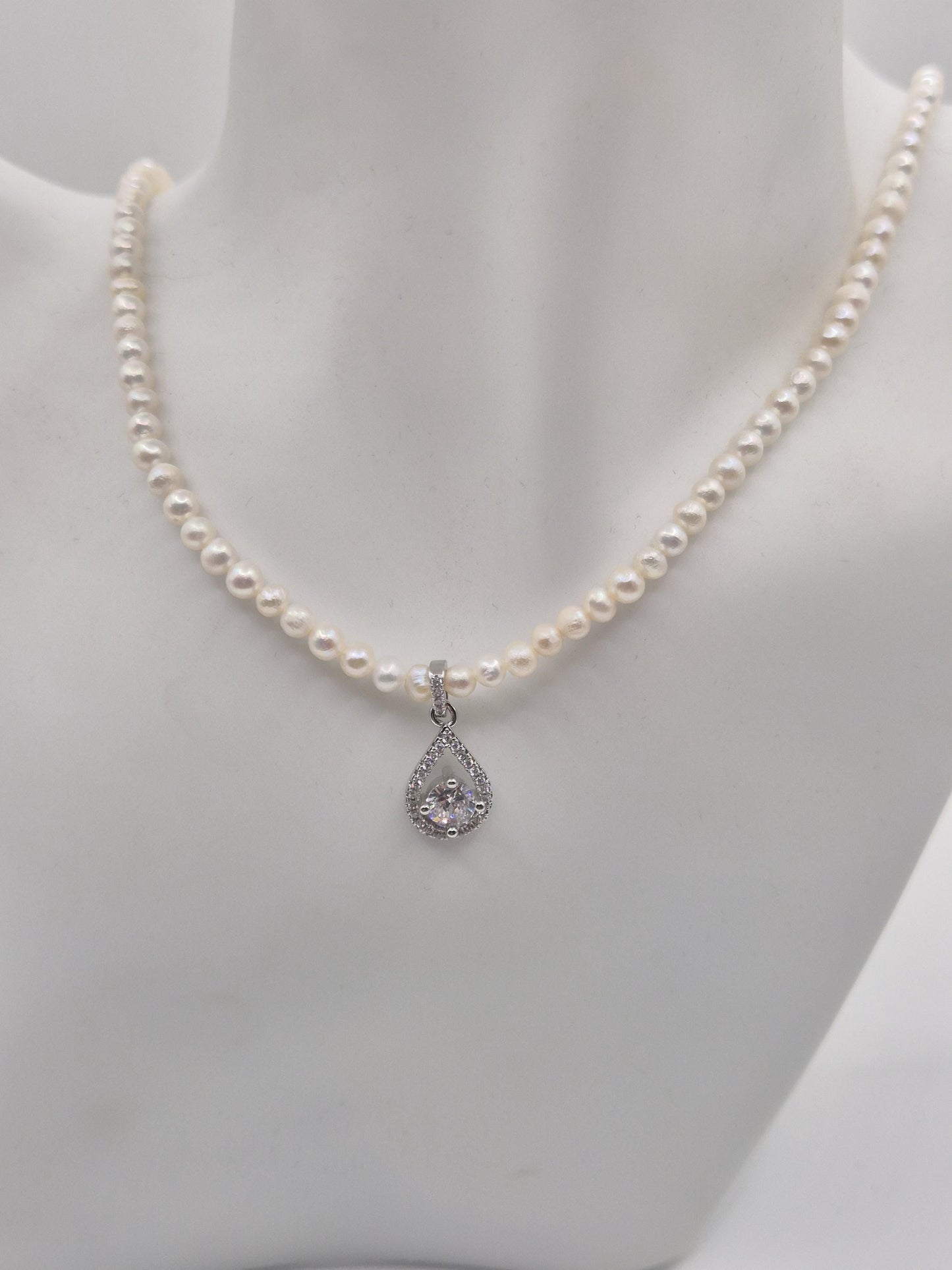 Classic Bridal Pearl Necklace — Genuine Mini Pearls & CZ Pendant