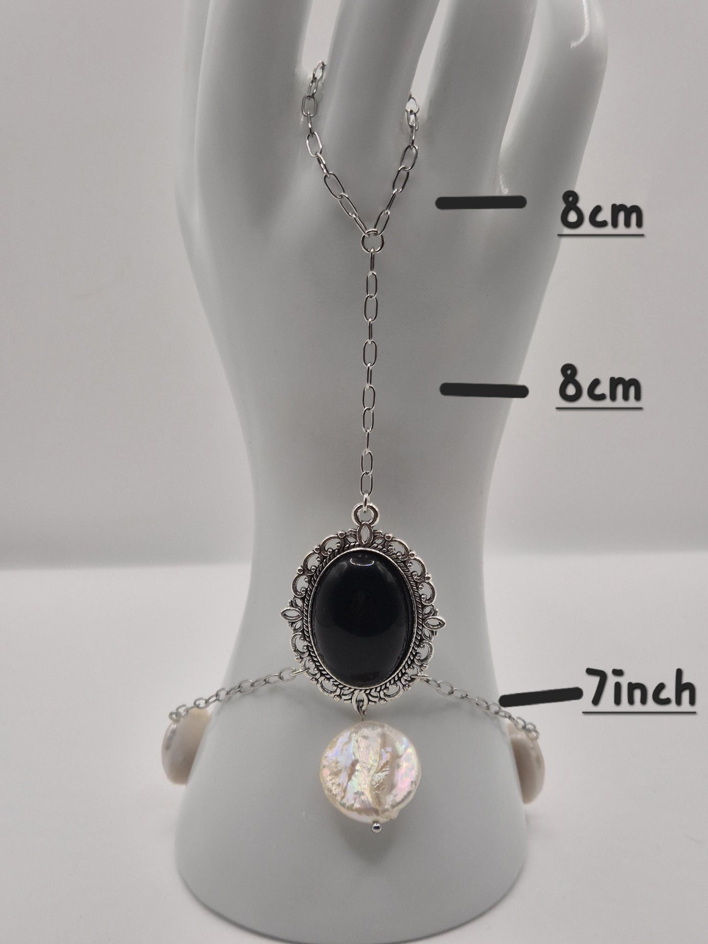 Victorian Midnight Cameo & Pearl Hand Chain Bracelet