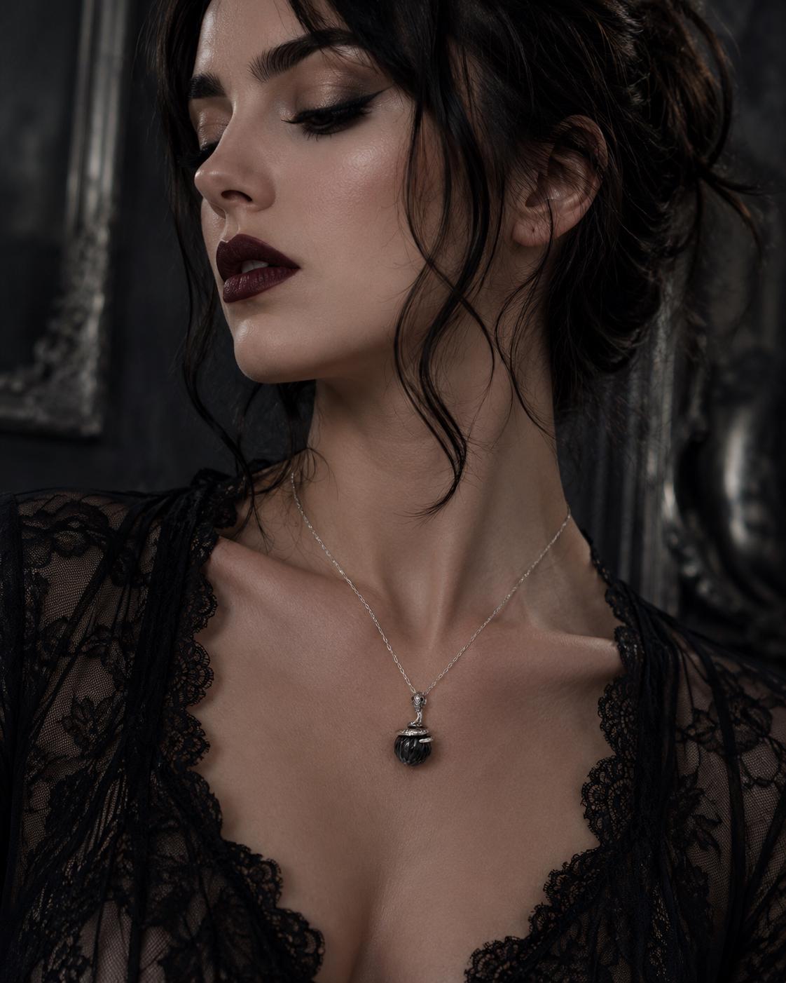 Black Tahitian Coiled Silver Snake Pendant
