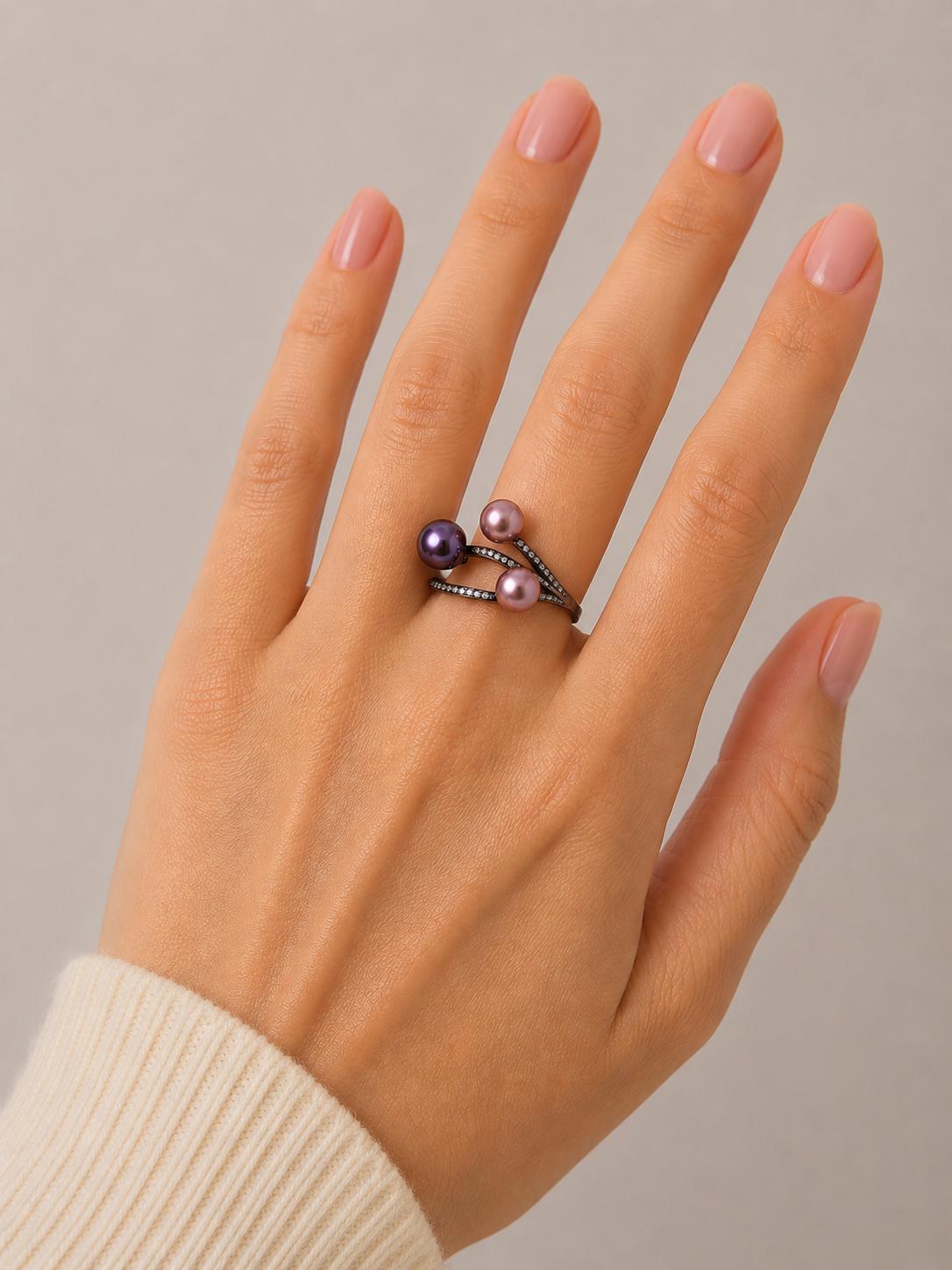 Triple Pearl Black Band Sparkle Ring - Sterling Silver