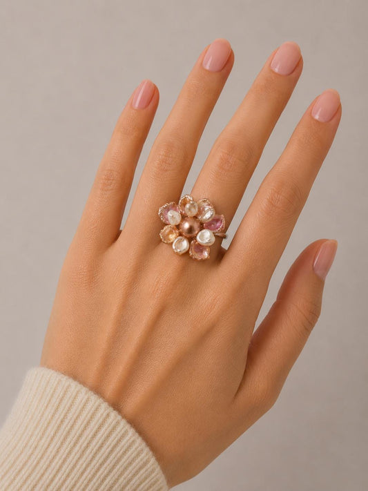 Multi Pearl Unique Flower Ring - Sterling Silver