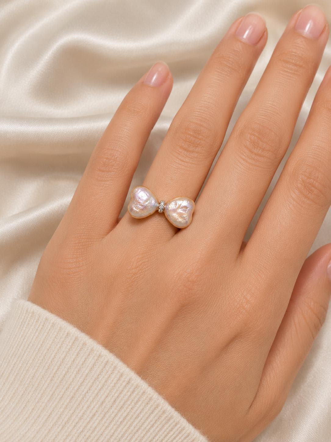Double Heart Pearl Ring - Sterling Silver