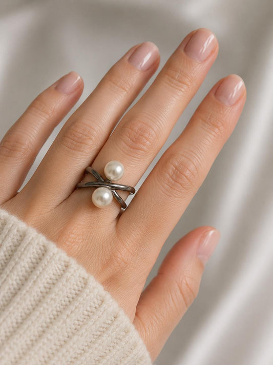 Double Pearl Atom Adjustable Ring - Sterling Silver