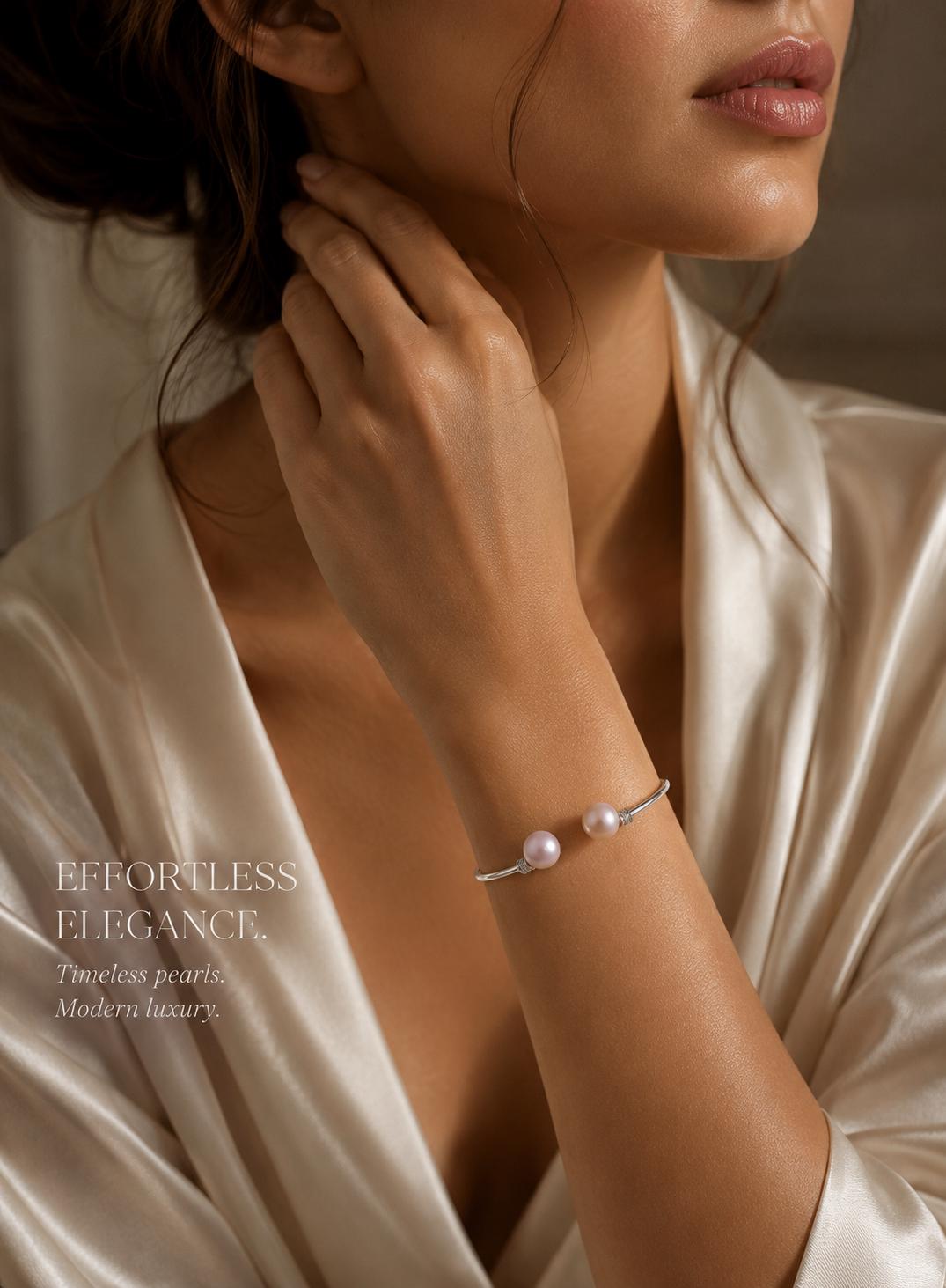 Double Edison Pearl Adjustable Sterling Silver Bangle