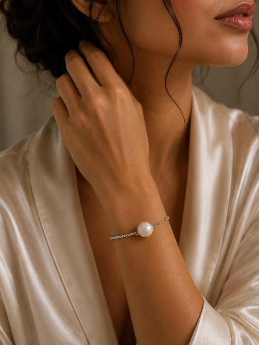 Carved Edison Pearl Silver Bracelet With CZ Stones