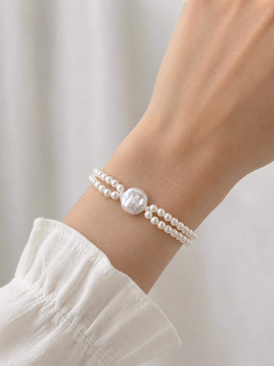 Double Strand Full String Bracelet With Button Pearl Centre