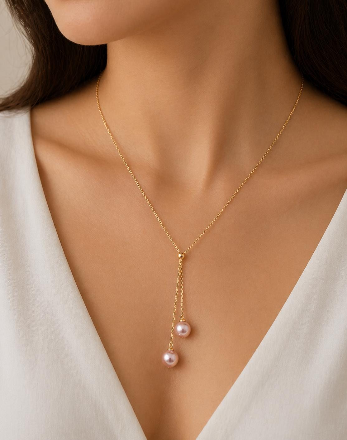 Double Edison Pearl Drop Adjustable Necklace - Sterling Silver