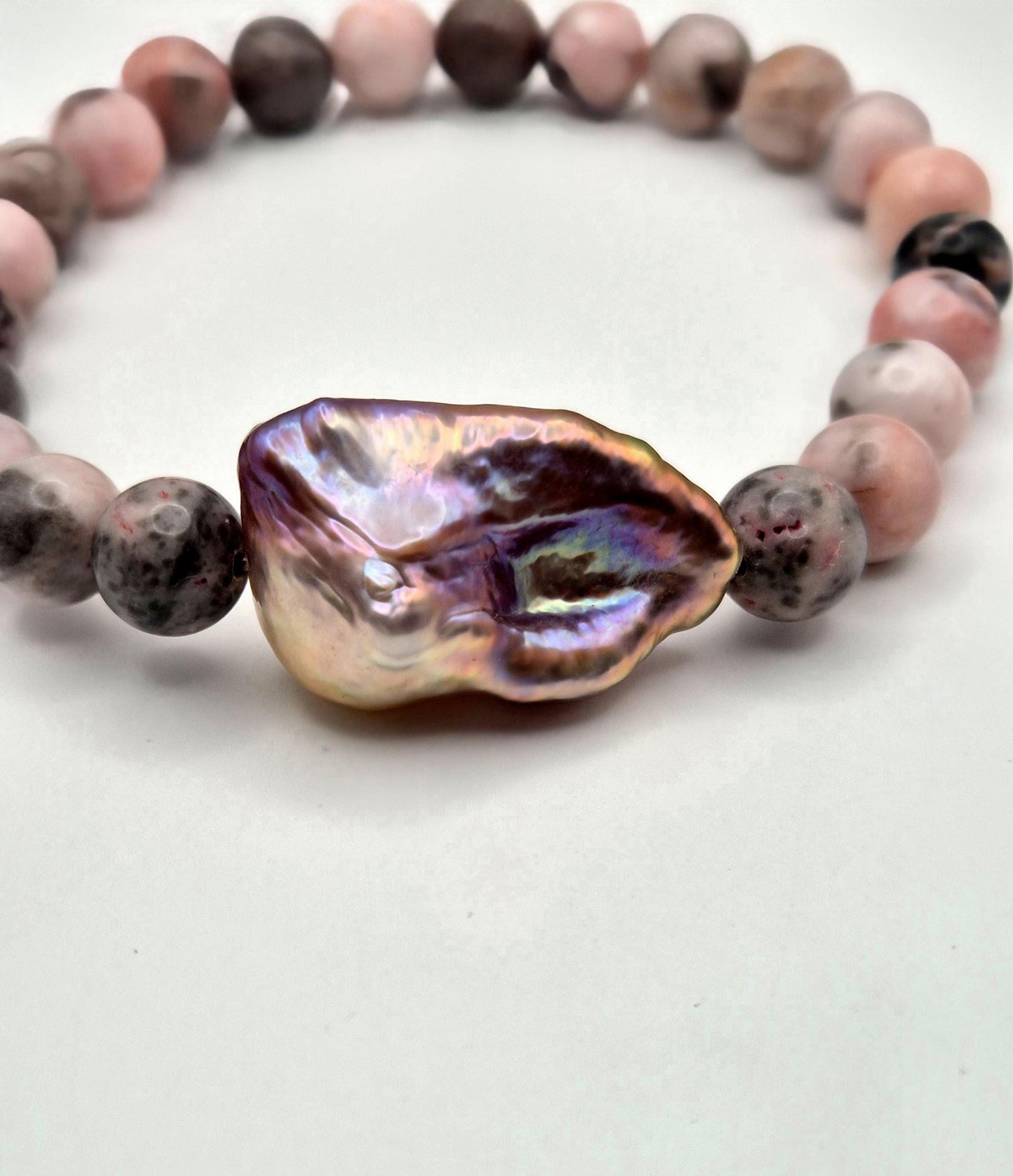 Pink Zebra Jade & King Pearl Strech Bracelet