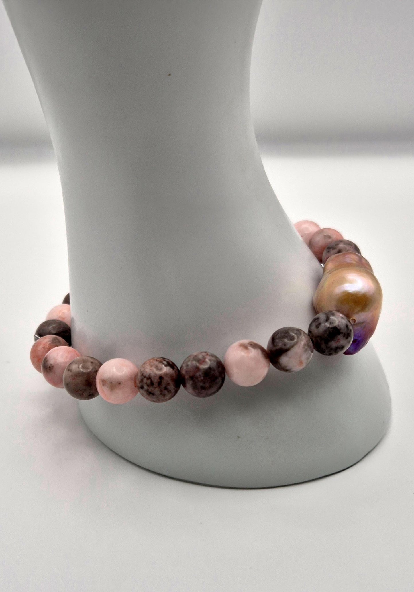 Pink Zebra Jade & King Pearl Strech Bracelet