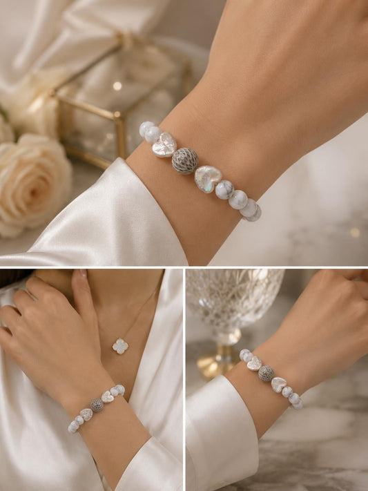 White Howlite and Black Tahitian Stretch Bracelet