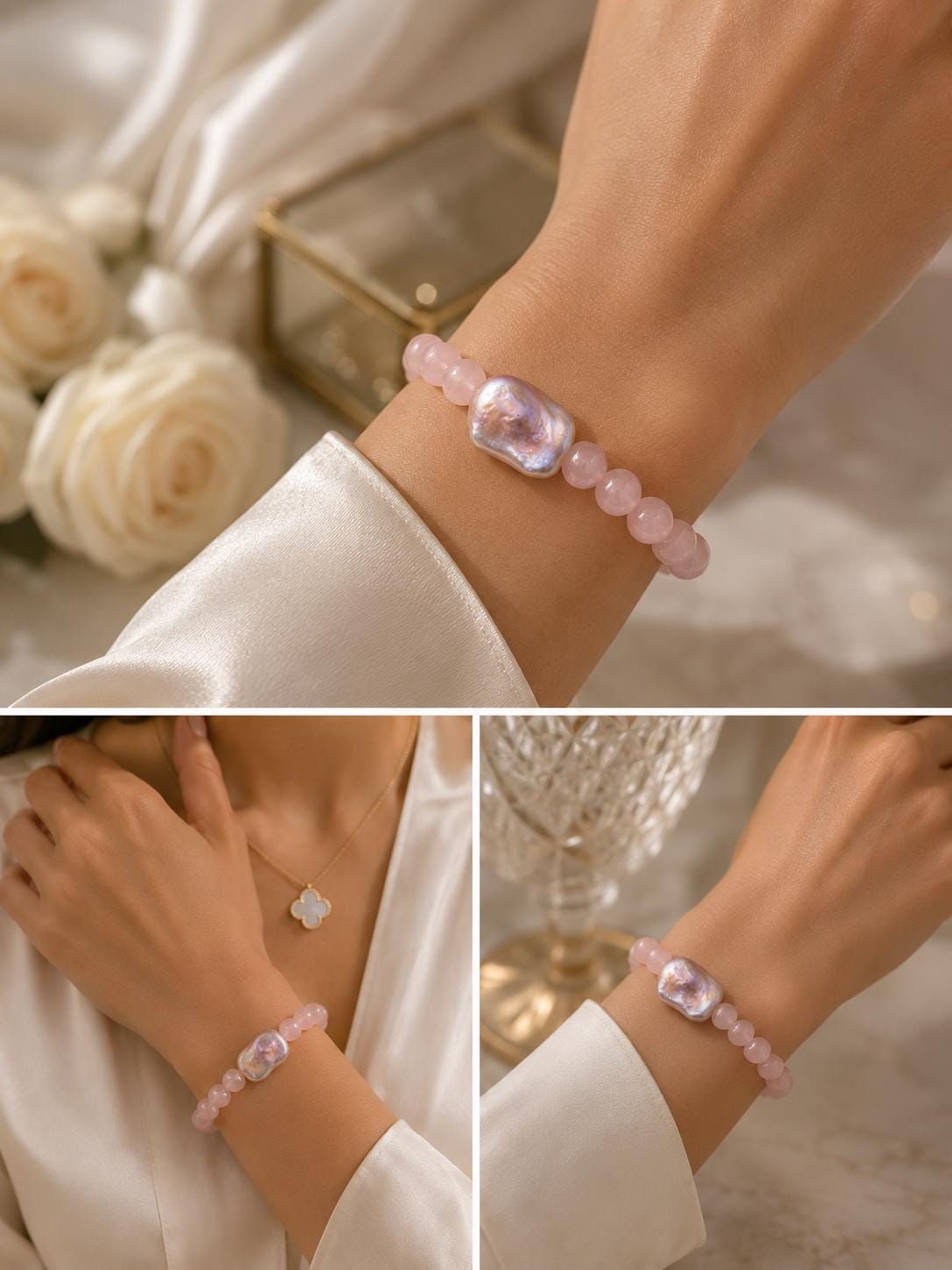 Romantic Blush Rose Quartz & King Pearl Bracelet