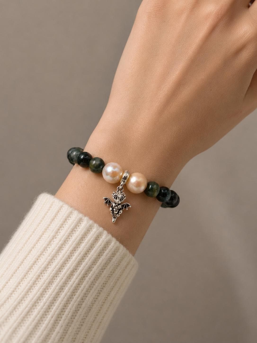Moss Agate & Double Edison Dragon Charm Bracelet — Genuine Gemstone & Pearl