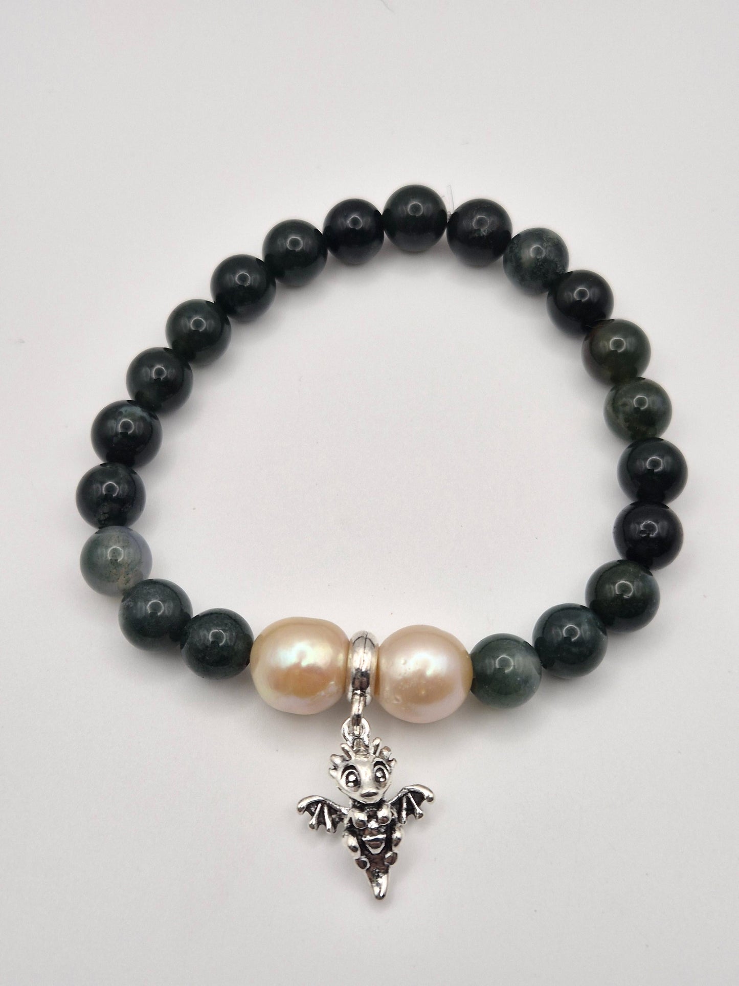 Moss Agate & Double Edison Dragon Charm Bracelet — Genuine Gemstone & Pearl