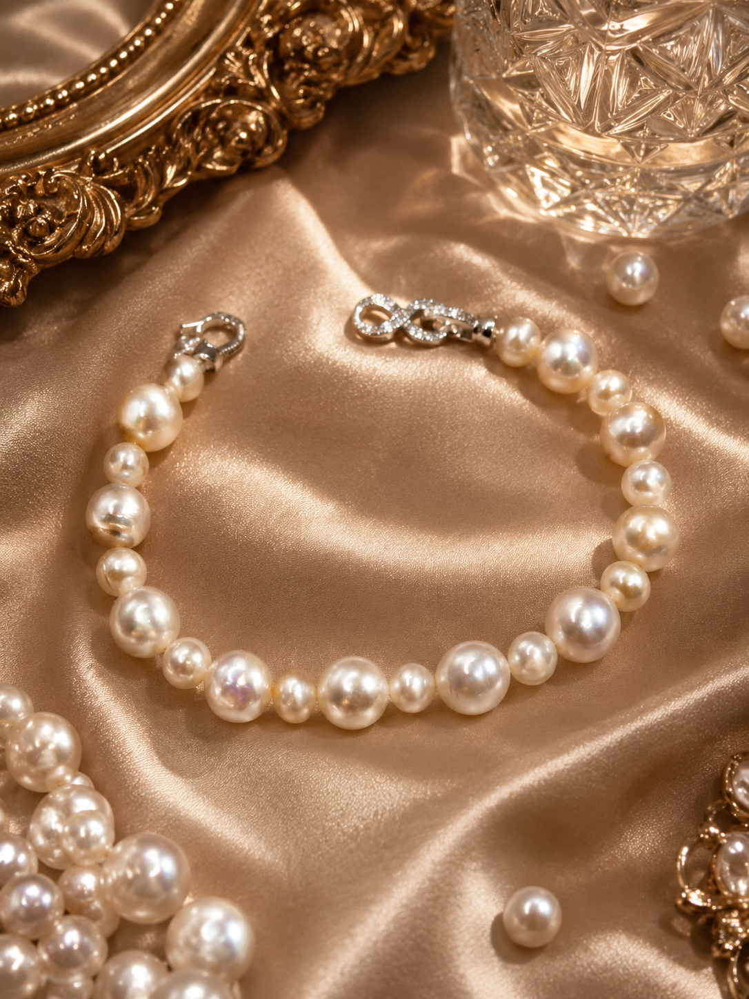 Classic Pearl Necklace & Bracelet Set with Sterling Silver Infinity Clasp
