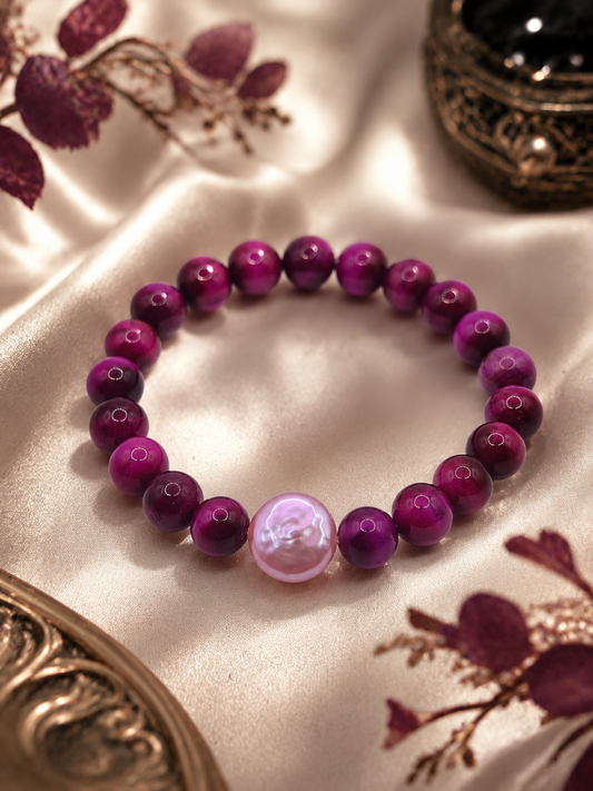 Pink Tigers Eye & Button Pearl Stretch Bracelet