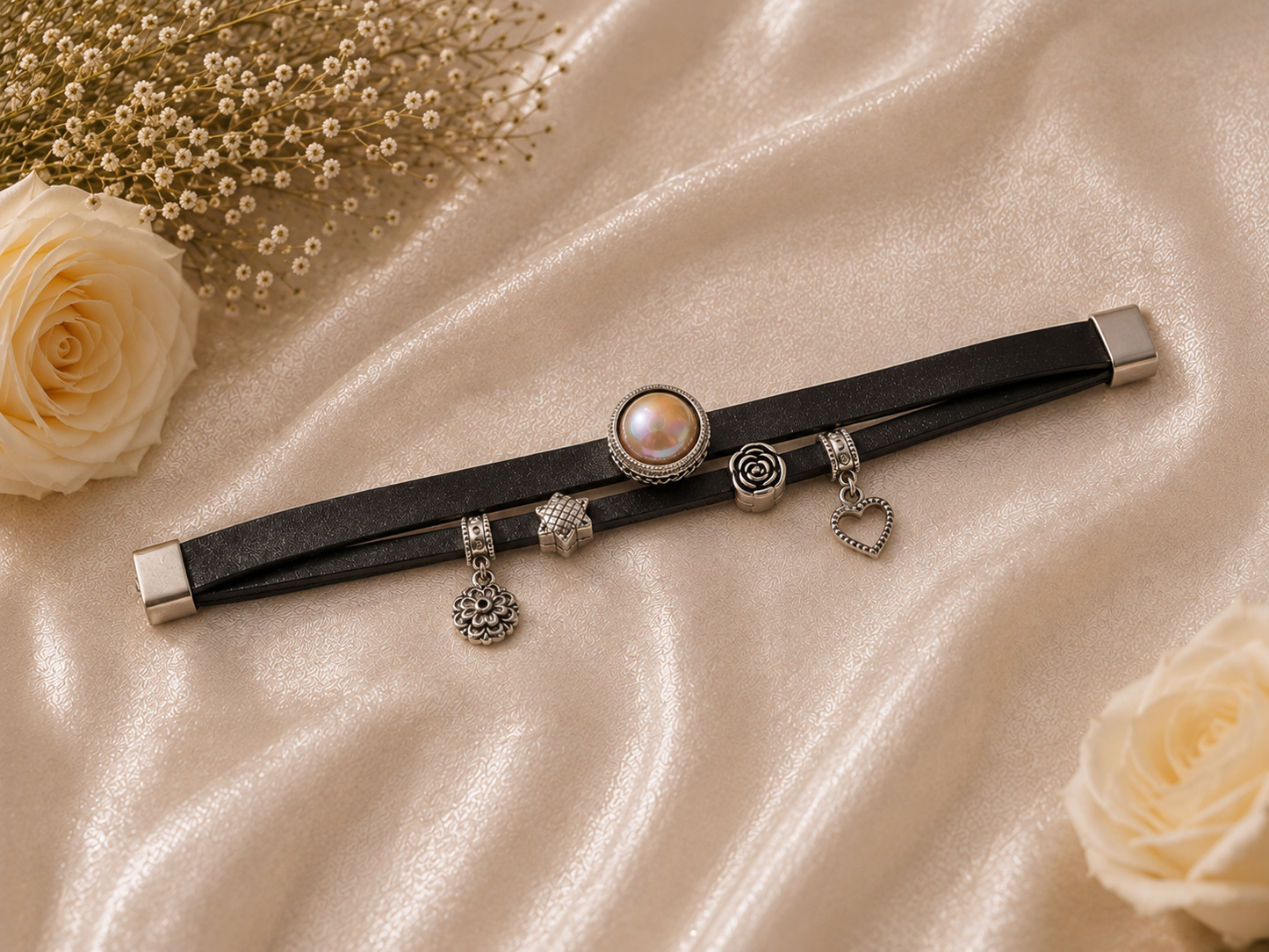 Saltwater Mabe & Charm Double Leather Strand Bracelet