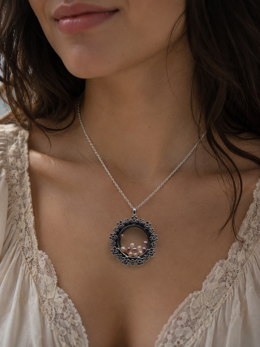 Large Flower Pendant Locket with Mini Pearls