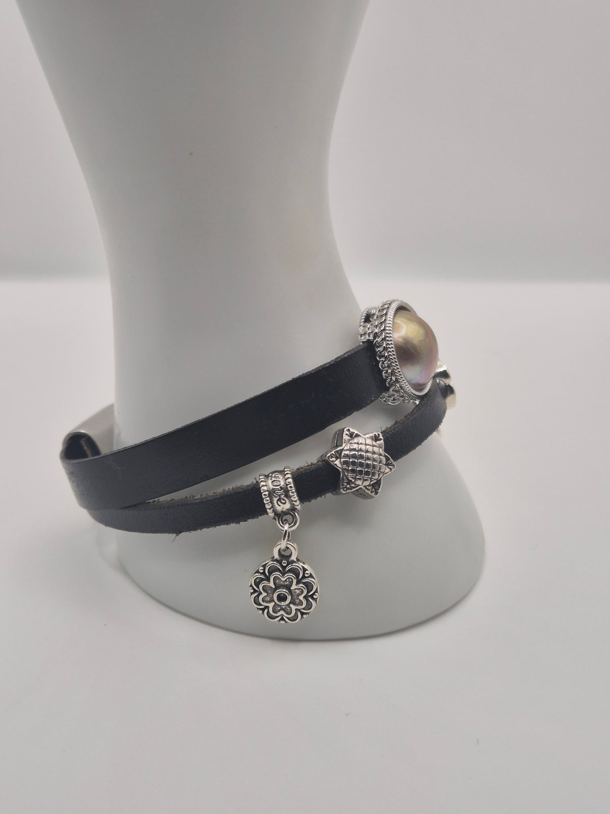 Saltwater Mabe & Charm Double Leather Strand Bracelet