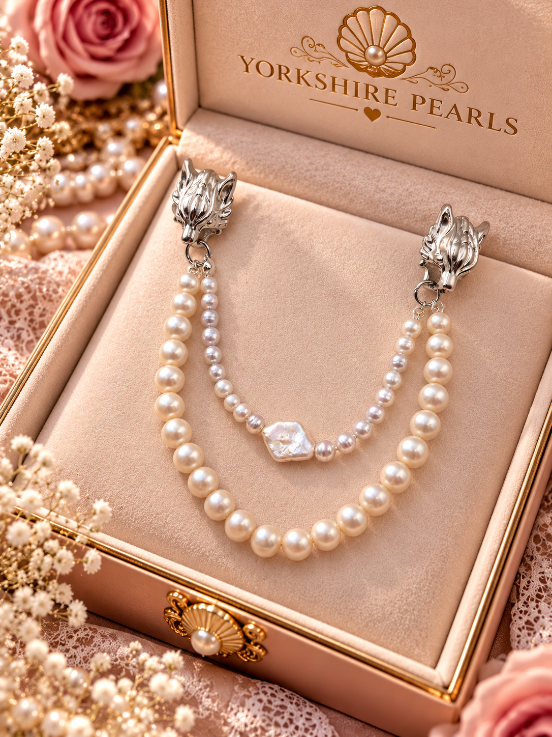 Wonderful Wolf Double Pearl Strand Lapel Pin