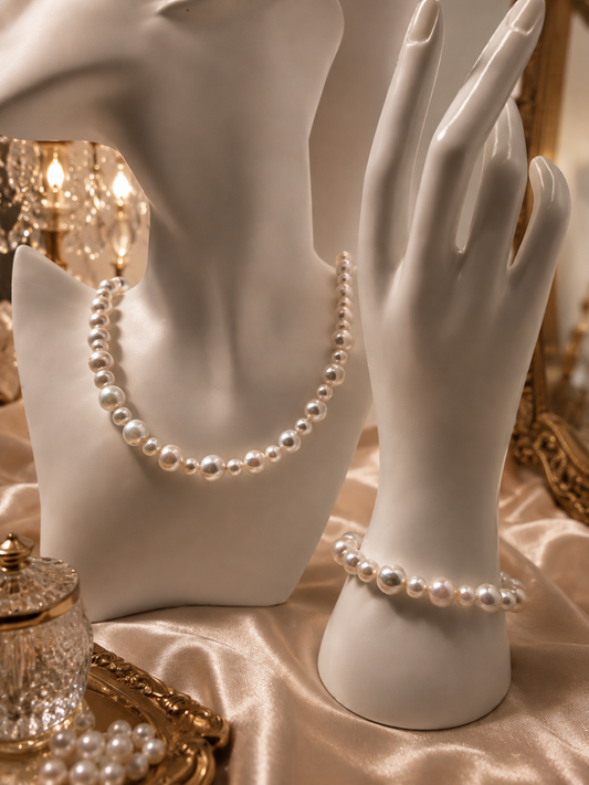 Classic Pearl Necklace & Bracelet Set with Sterling Silver Infinity Clasp