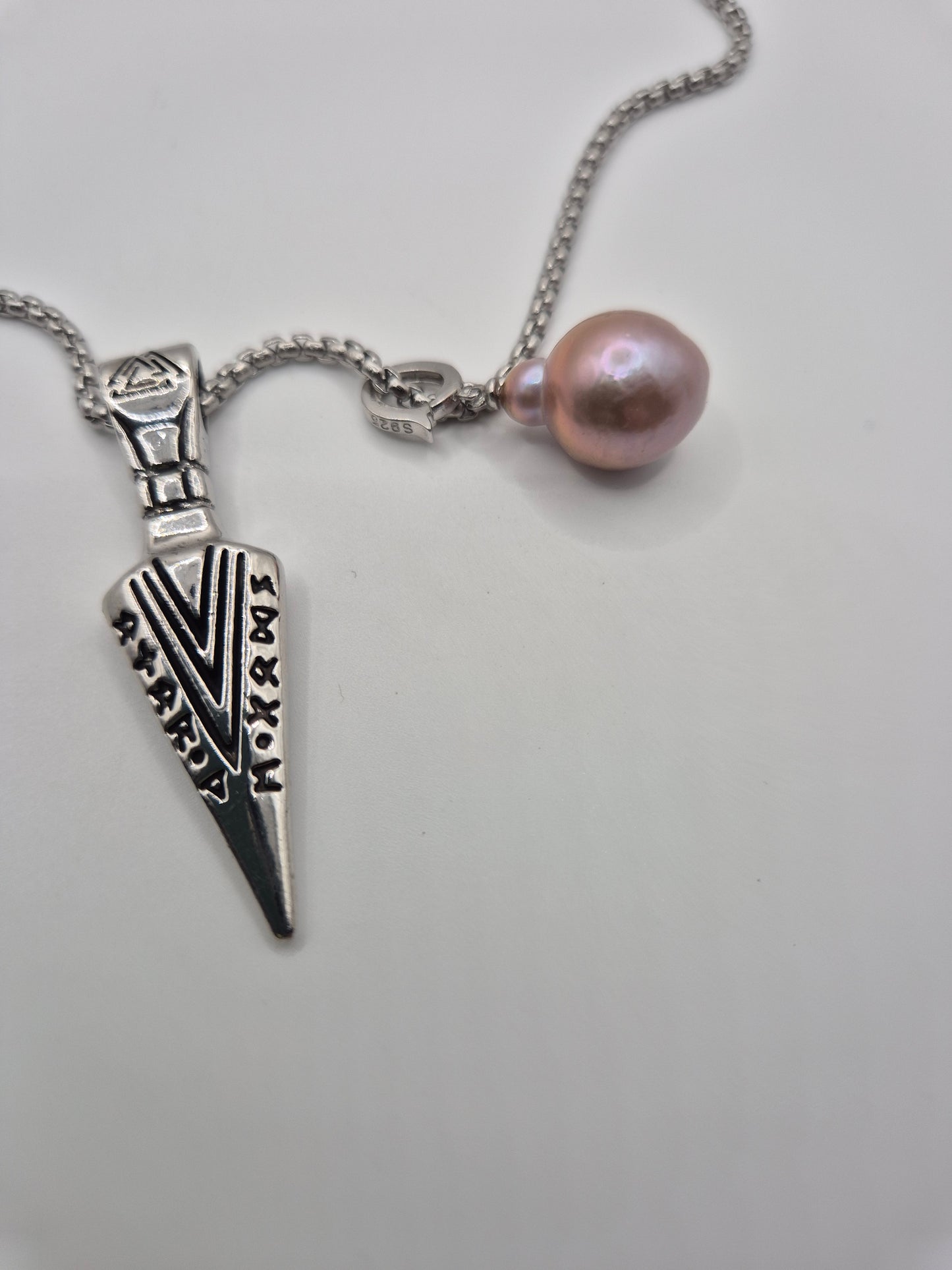 Etched Viking Arrow Head Pendant Necklace with Baroque Pearl