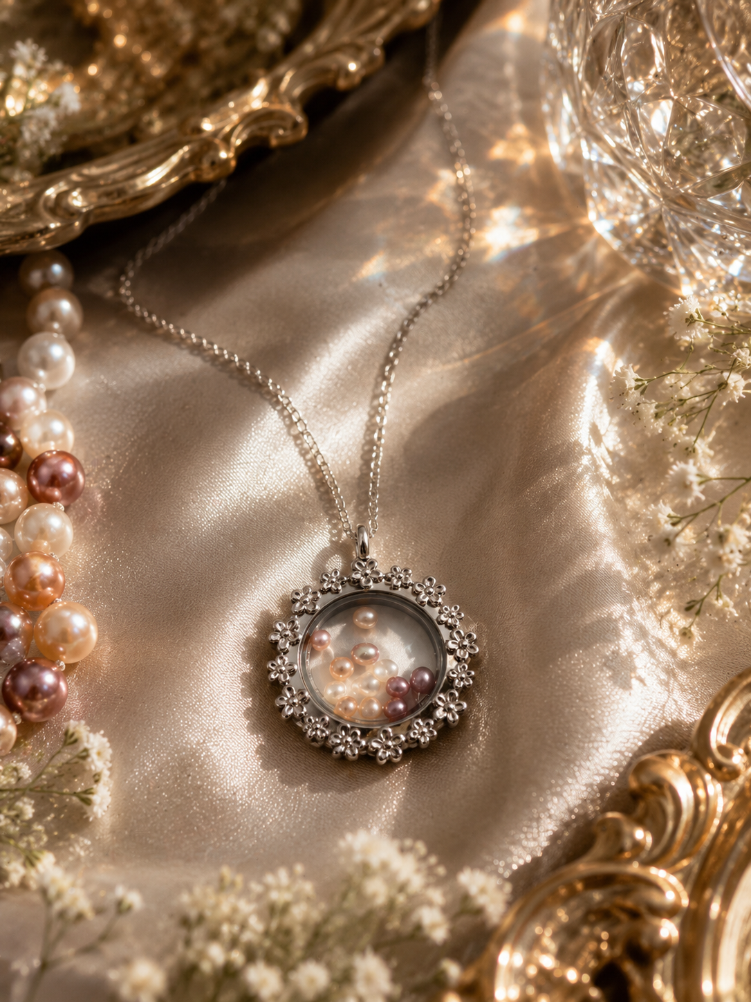 Large Flower Pendant Locket with Mini Pearls