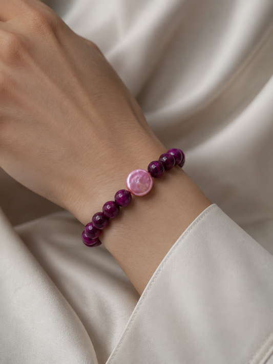 Pink Tigers Eye & Button Pearl Stretch Bracelet