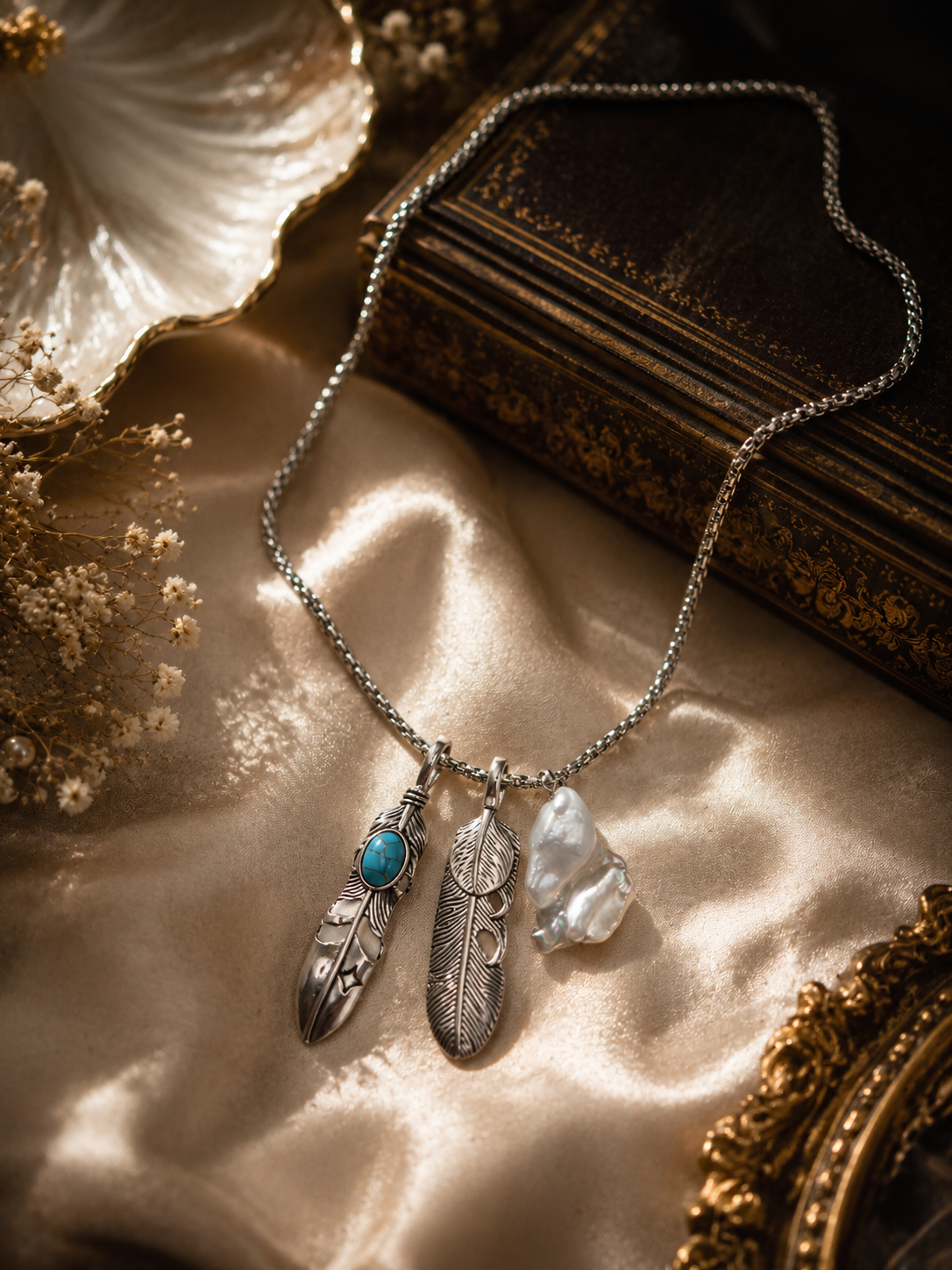 Tribal Feather & King Pearl Chunky Pendant Necklace